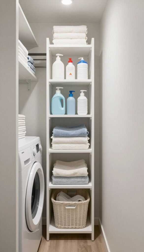 tall narrow shelving unit next to top load washer and dryer in compact laundry closet with organized storage