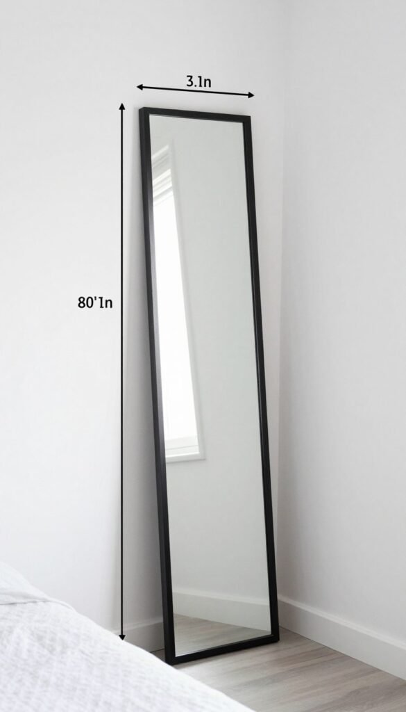 tall vertical mirror in small bedroom emphasizing height
