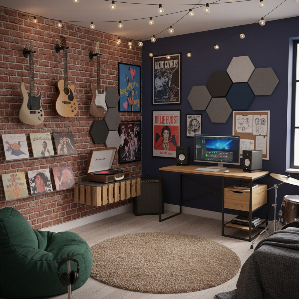 teenage boy room with music themed decor