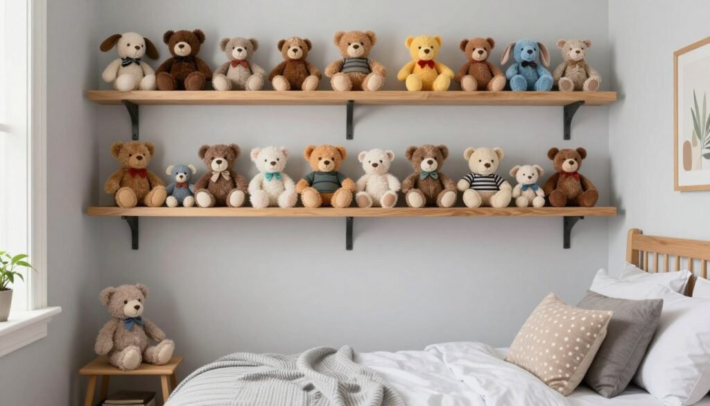 teenage room with mature stuffed animal display