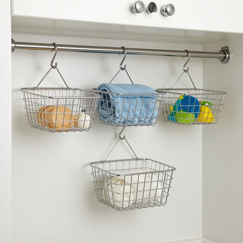 tension rod with hanging baskets