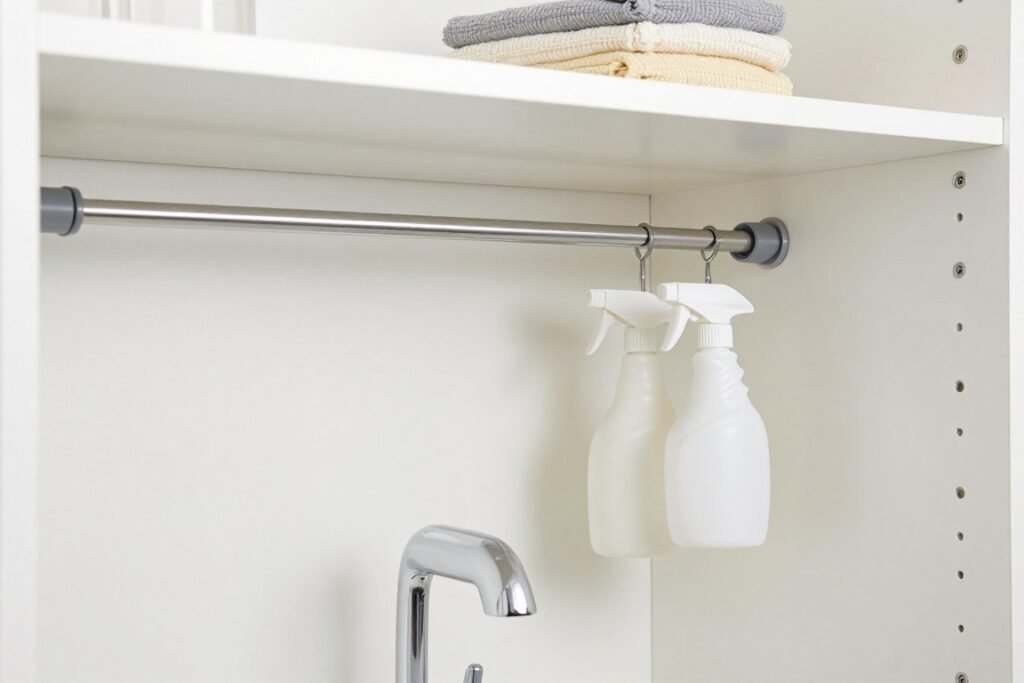 tension rods installed in bedroom creating organization solutions