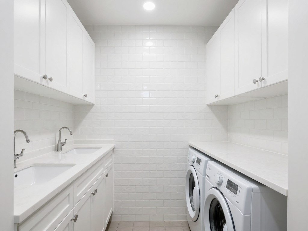 textured all white narrow laundry room