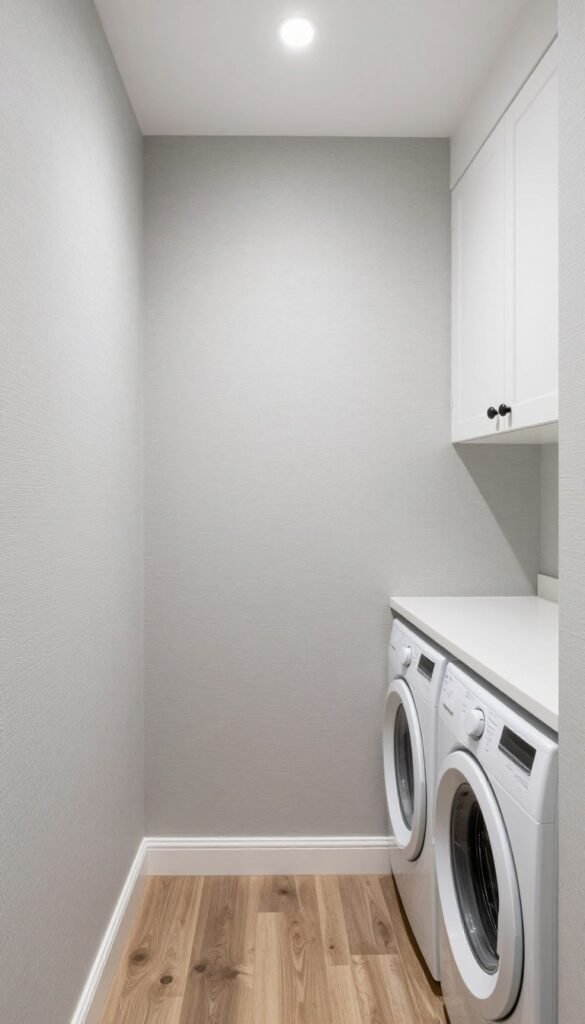 textured wallpaper in narrow laundry room