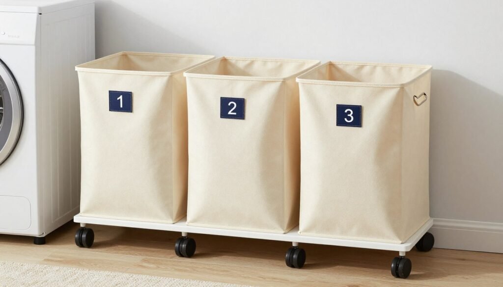 three-bin laundry sorter with labels
