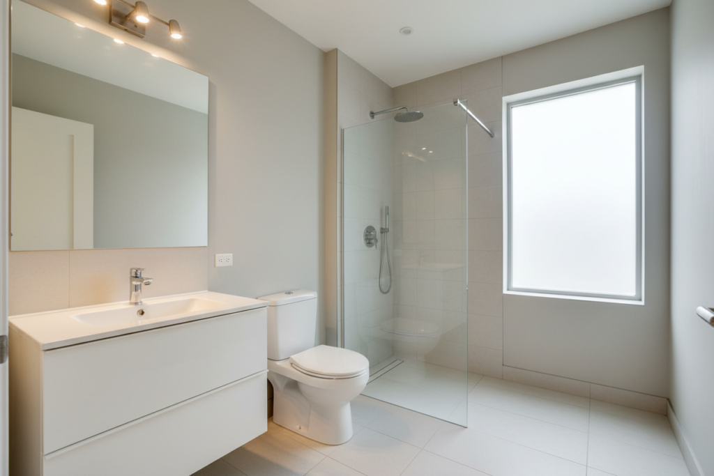 three-wall bathroom layout with fixtures arranged on three sides