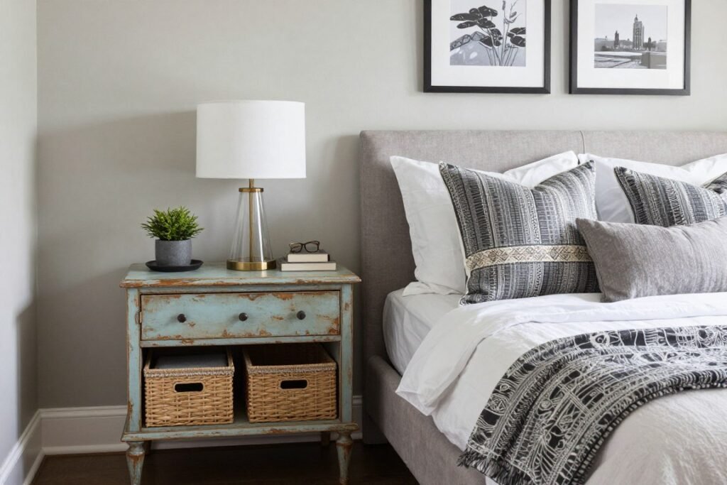 thrift store finds styled beautifully in guest bedroom