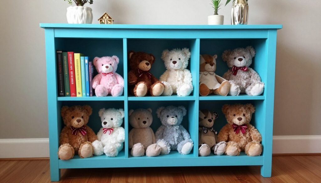 thrifted bookshelf repainted for stuffed animal storage