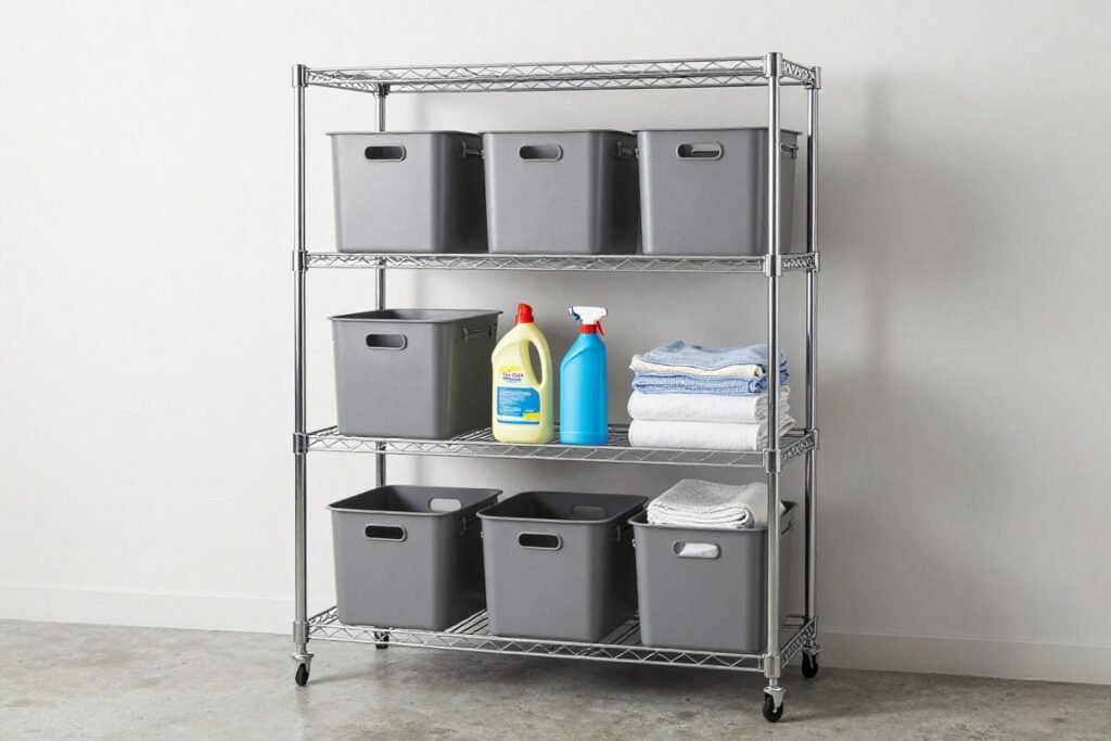 tier heavy duty wire shelving in garage laundry setup