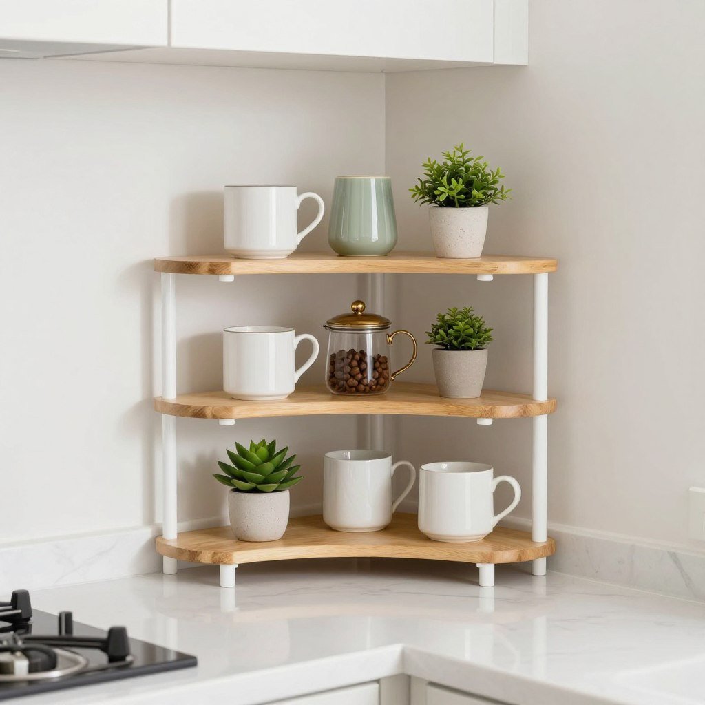tiered corner shelf on kitchen counter with organized items