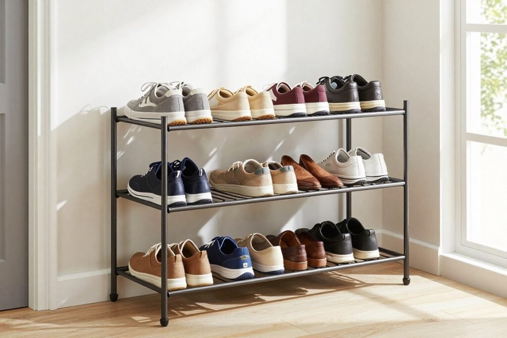 tiered shoe rack in entryway holding multiple pairs