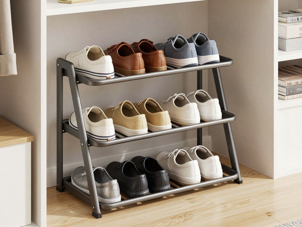 tiered shoe rack on closet floor