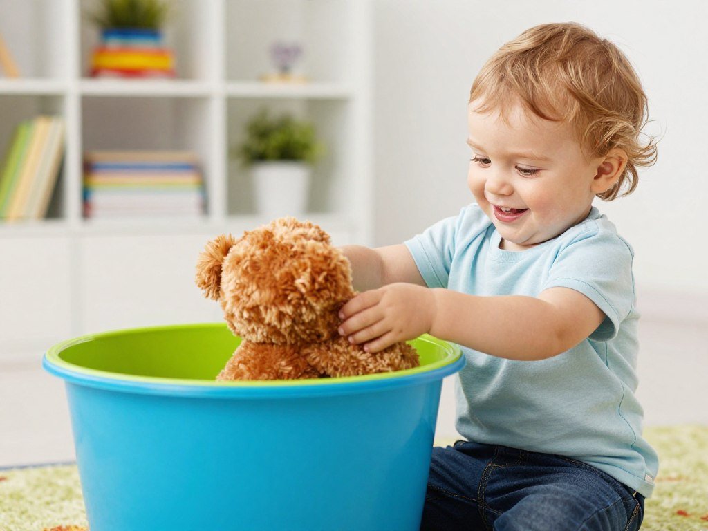 toddler placing stuffed animal in large storage bin