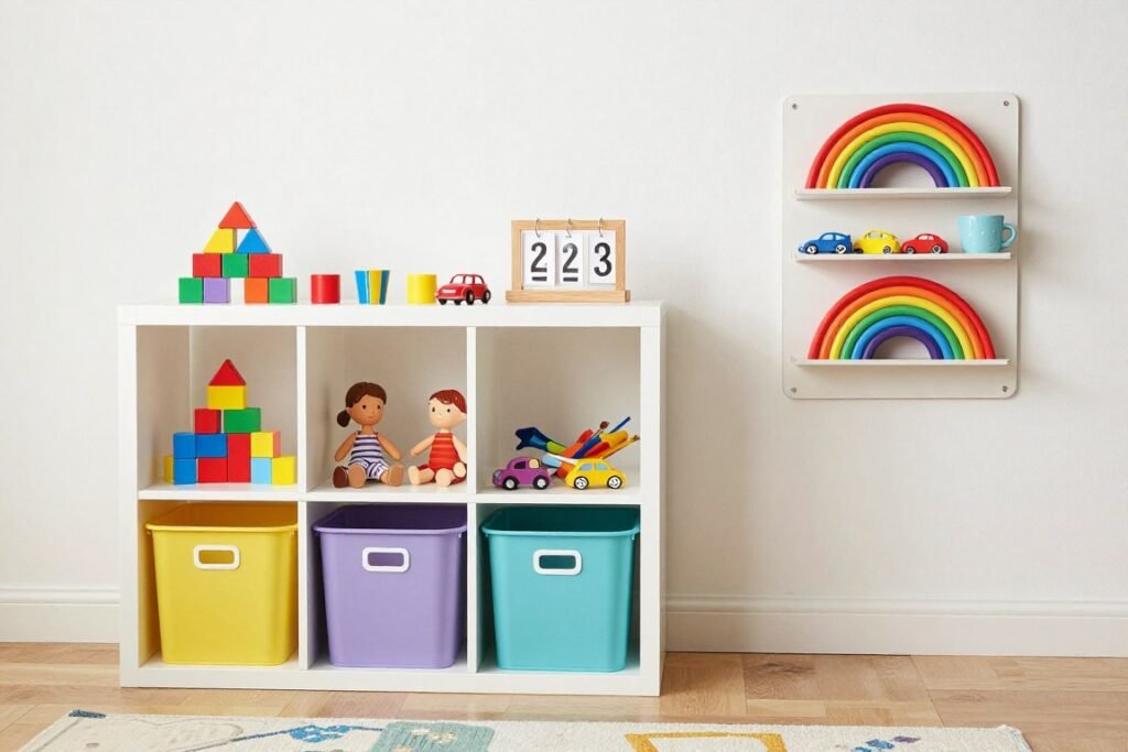 toy storage system with labeled bins and easy access for children