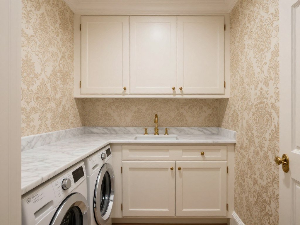traditional laundry room with classic damask wallpaper
