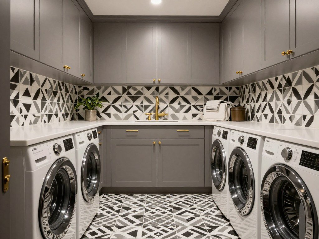 trendy patterned tile in boutique laundry room