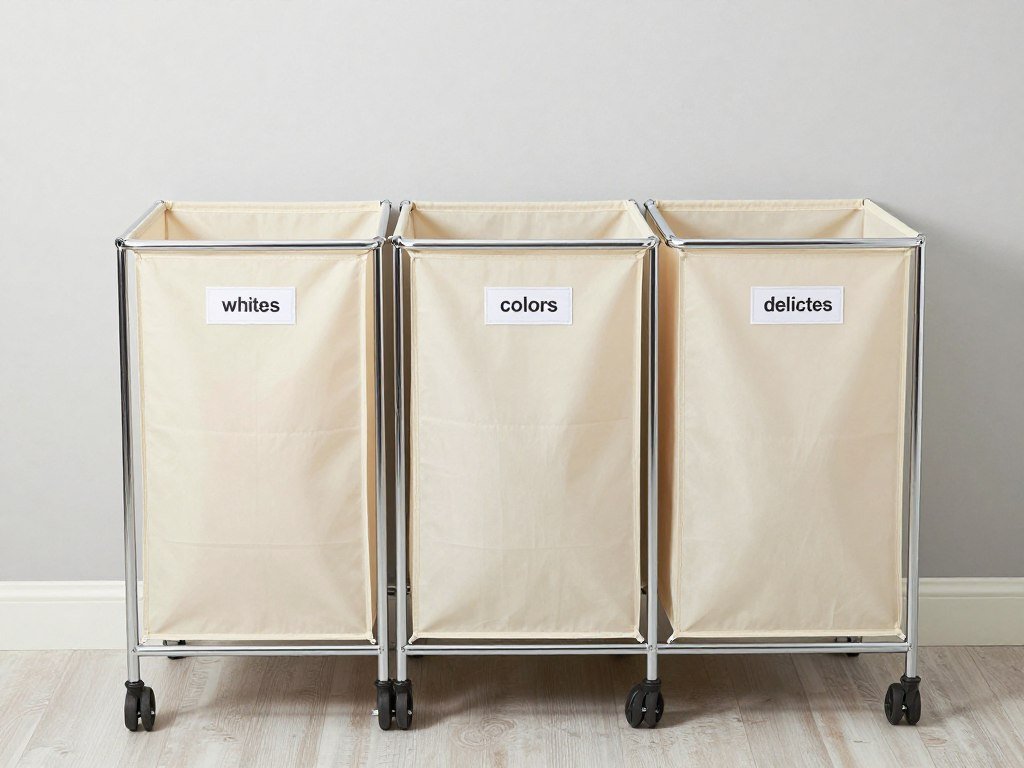 triple laundry sorter with labeled sections