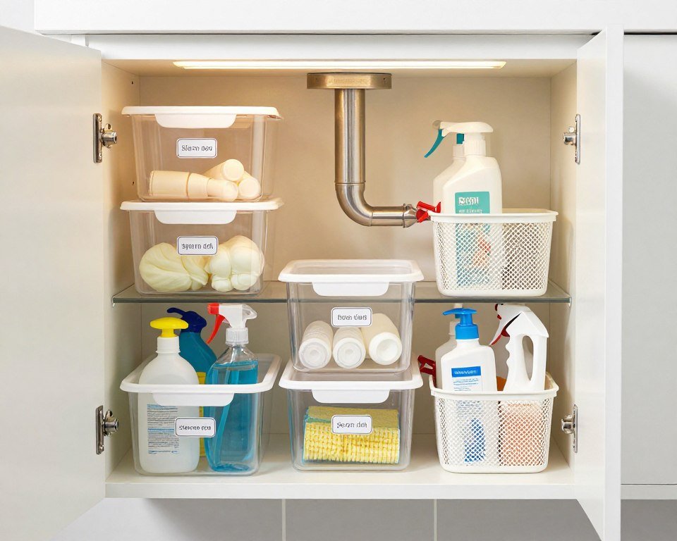 under bathroom sink storage with bins and baskets
