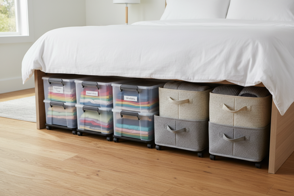 under-bed storage containers filled with organized clothes