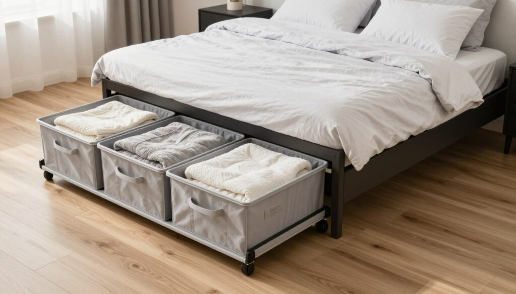 under bed storage containers with blankets in organized bedroom