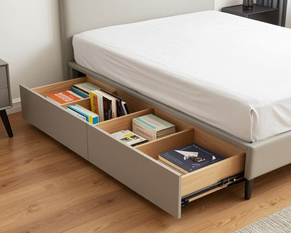 under bed storage drawers filled with book collection in organized bedroom space