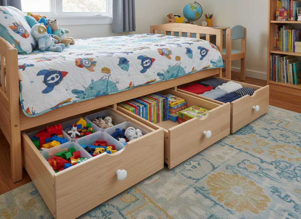 under bed storage drawers filled with toys and clothing