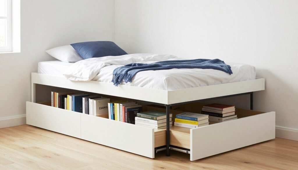 under bed storage drawers holding book collection in small bedroom