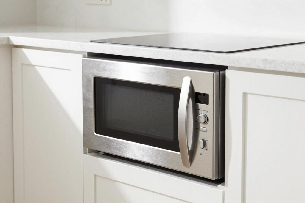 under-counter microwave drawer installed in small kitchen island