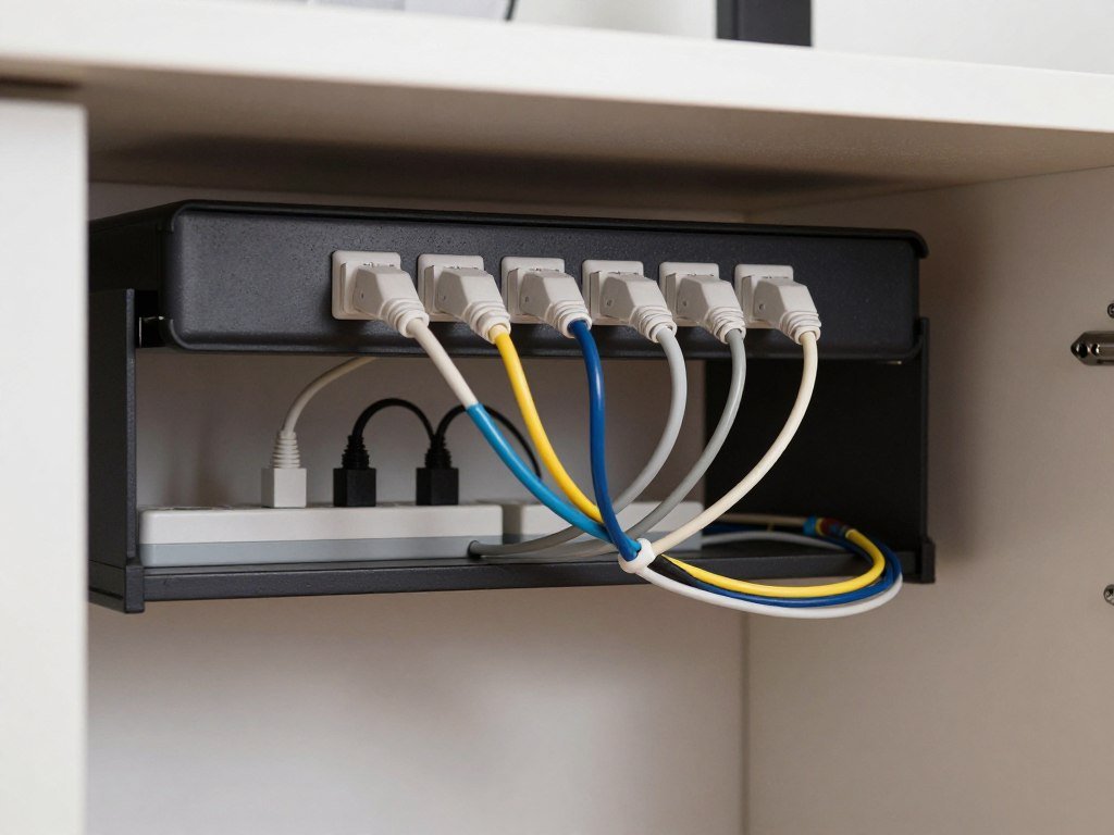 under desk view showing cable management clips and routing