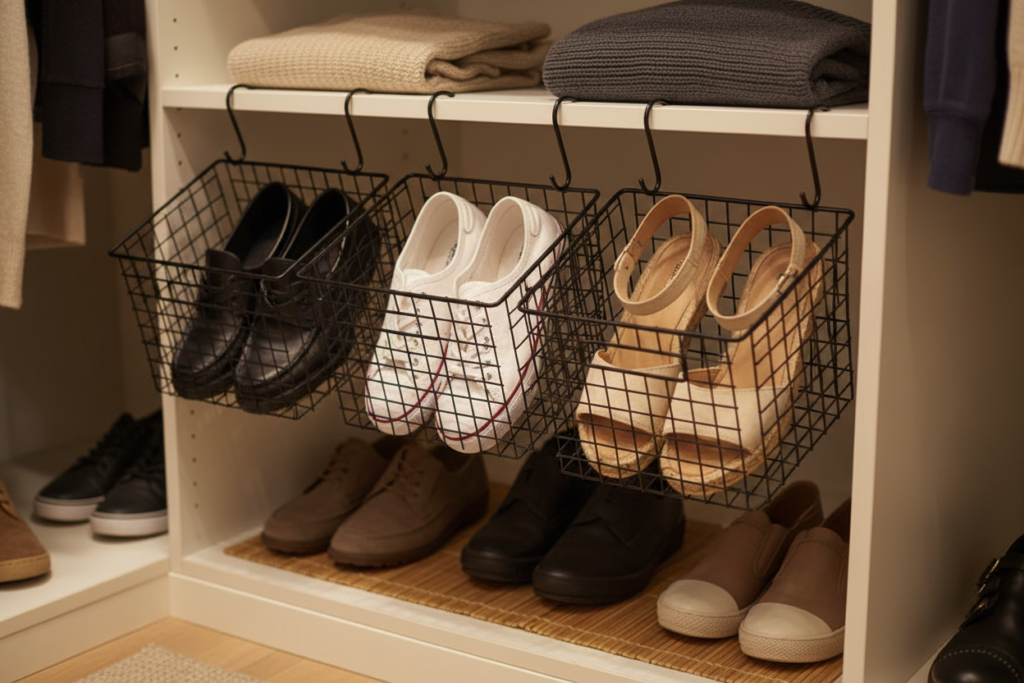 under-shelf hanging shoe organizer with multiple pairs stored efficiently