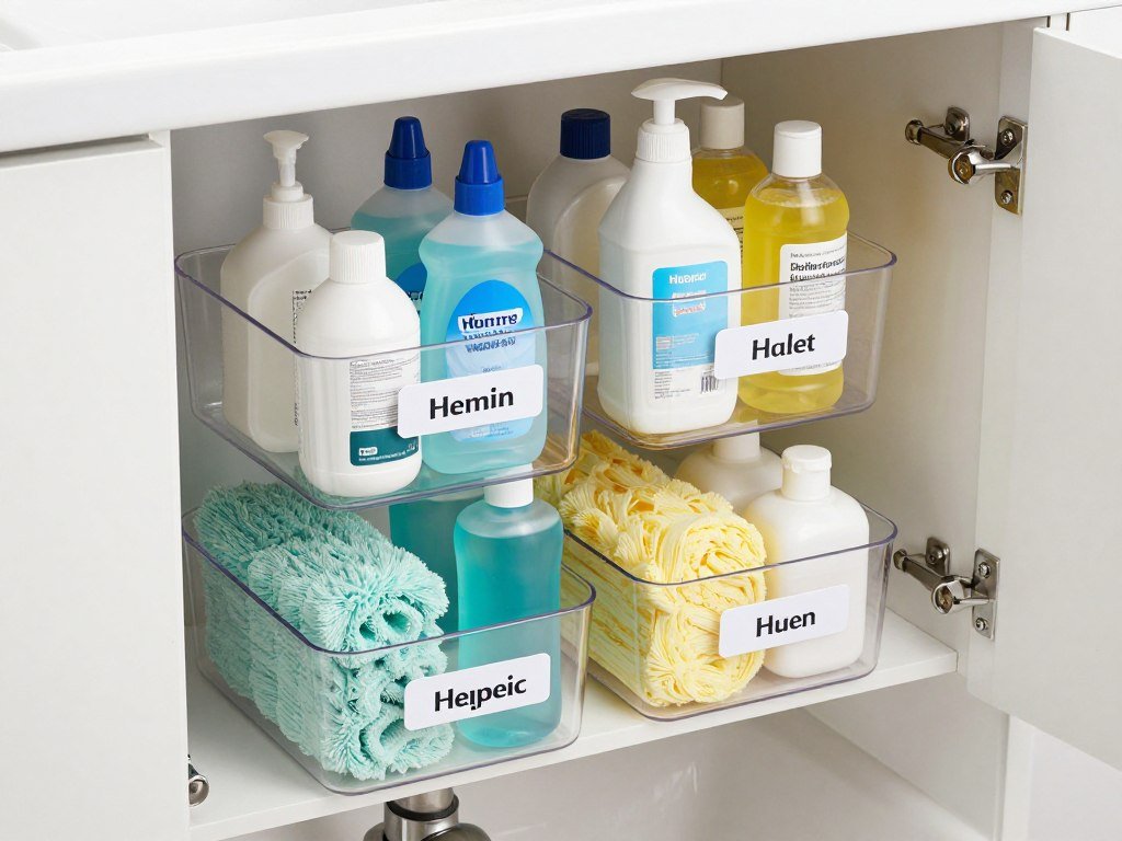 under sink storage with stackable bins and organized cleaning supplies