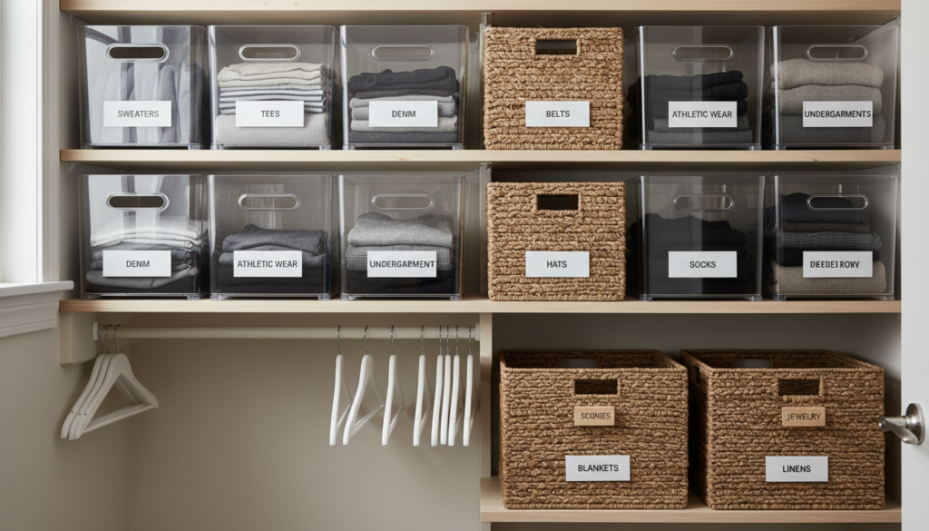 uniform storage bins and woven baskets on closet shelves