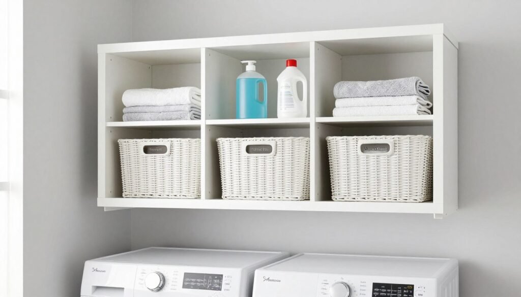 utility shelving unit above washer dryer with organized storage