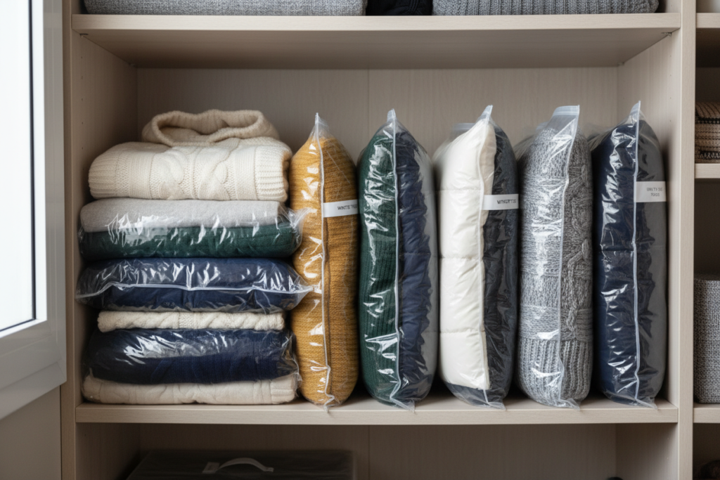 vacuum-sealed storage bags with compressed clothing