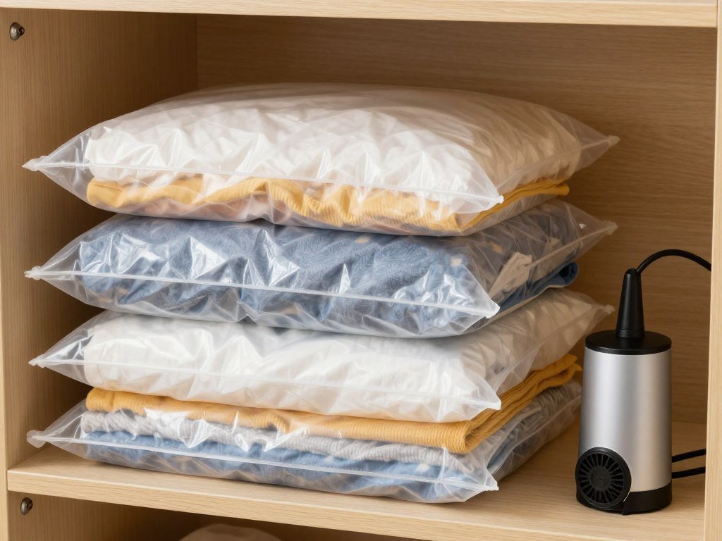 vacuum sealed storage bags with seasonal clothing on shelf vacuum sealed storage bags with seasonal clothing on shelf