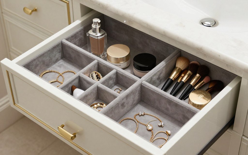 vanity drawer with velvet organizer trays