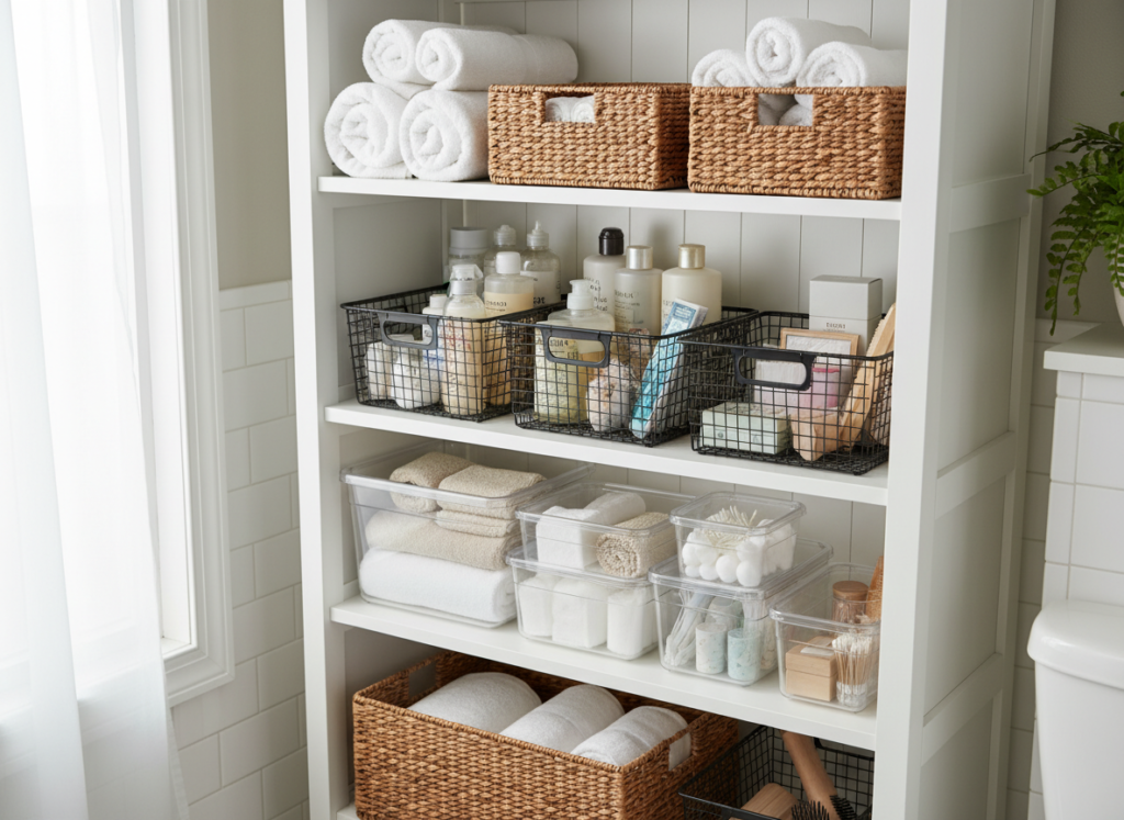 variety of baskets organizing bathroom items on white shelves