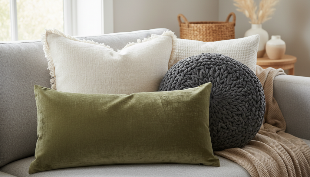 variety of decorative pillows on cozy bed