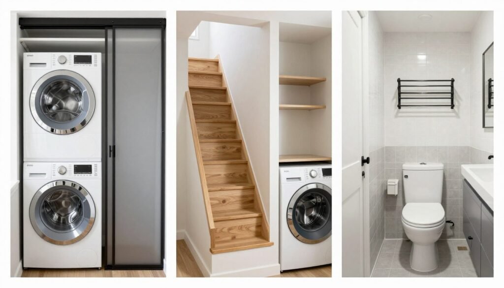 various small space stackable washer dryer laundry room installations