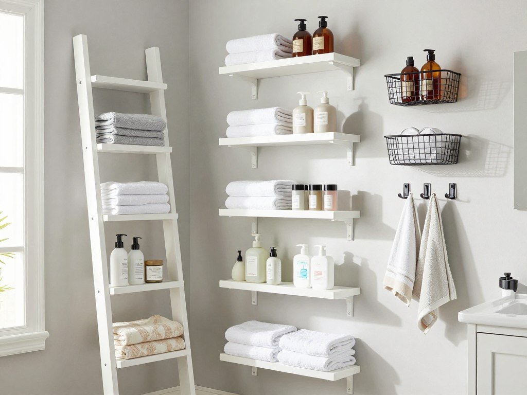 vertical bathroom storage with tall shelving unit and wall-mounted organizers