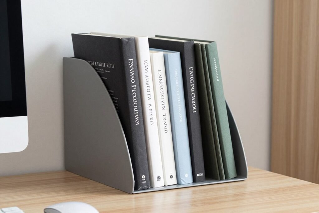 vertical file organizer adapted for book storage on office desk surface