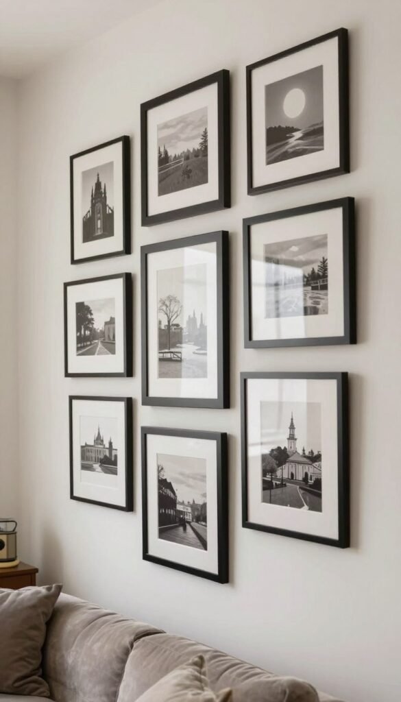 vertical gallery wall arrangement in compact living room