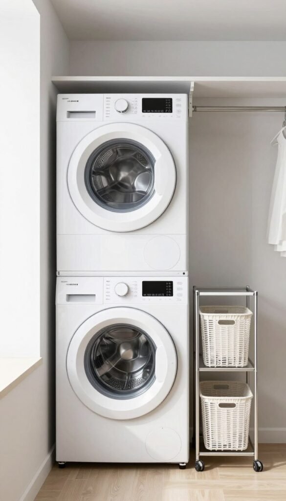 vertical stacked washer and dryer with side shelving