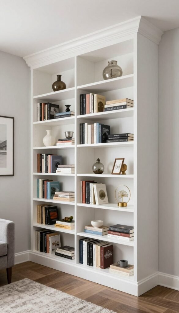 vertical storage solutions in small living room from floor to ceiling