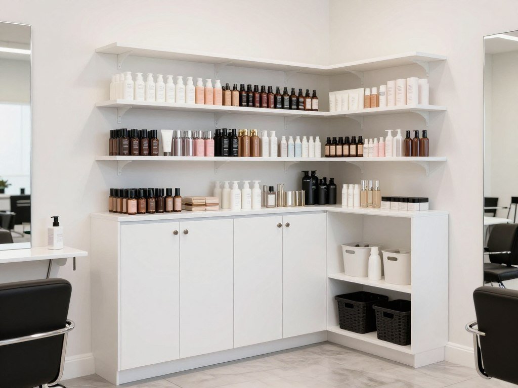 vertical storage solutions in small salon including tall cabinet and wall shelves