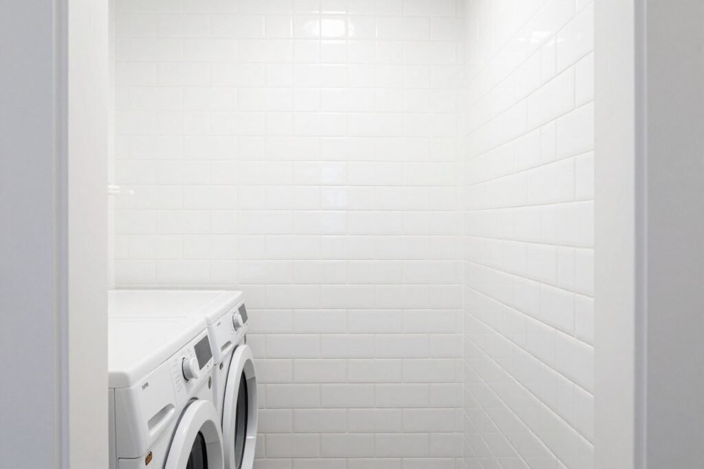 vertical subway tile backsplash narrow laundry