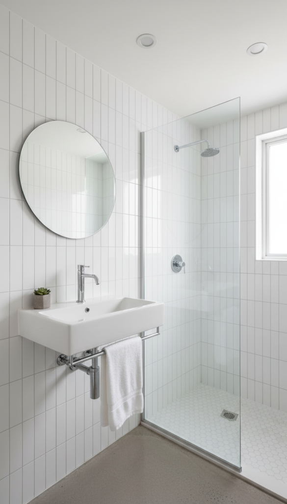 vertical subway tile installation in small bathroom creating height illusion