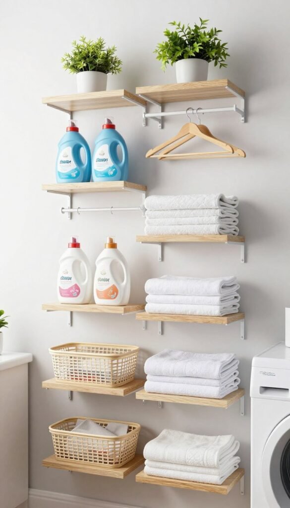 vertical wall storage in small laundry room organization