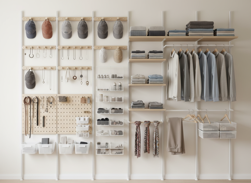 vertical wall storage with clothing hanging on mounted hooks and shelves