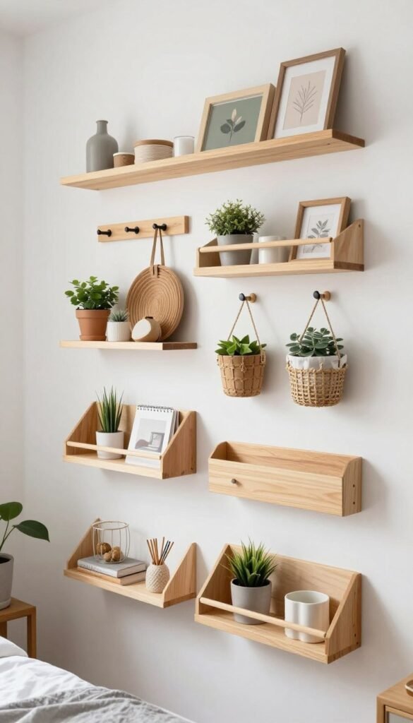 vertical wall storage with floating shelves and hooks in organized small room vertical wall storage with floating shelves and hooks in organized small room